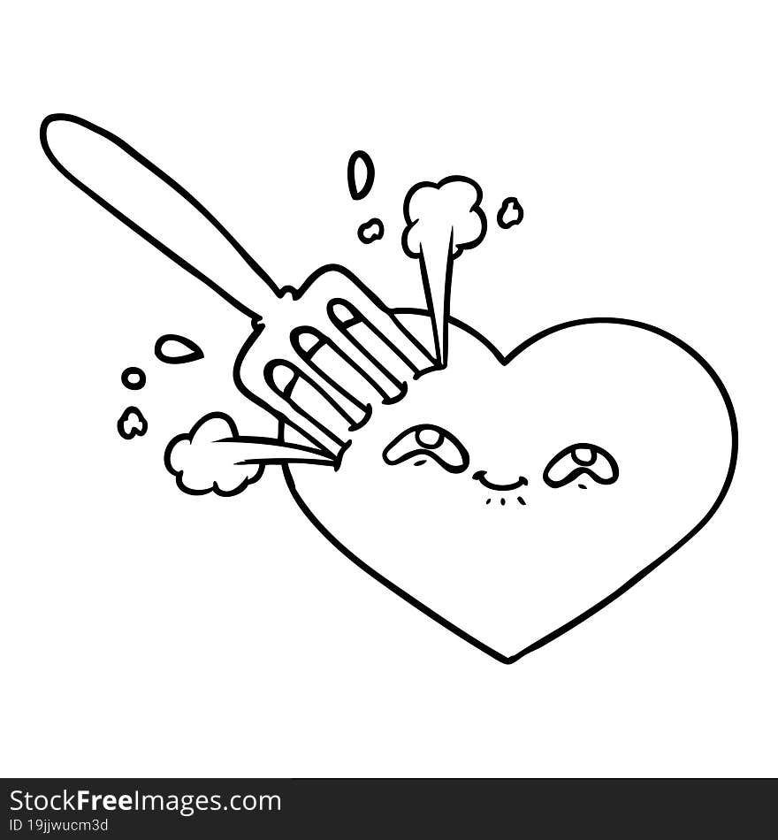 cartoon love heart stuck with fork. cartoon love heart stuck with fork