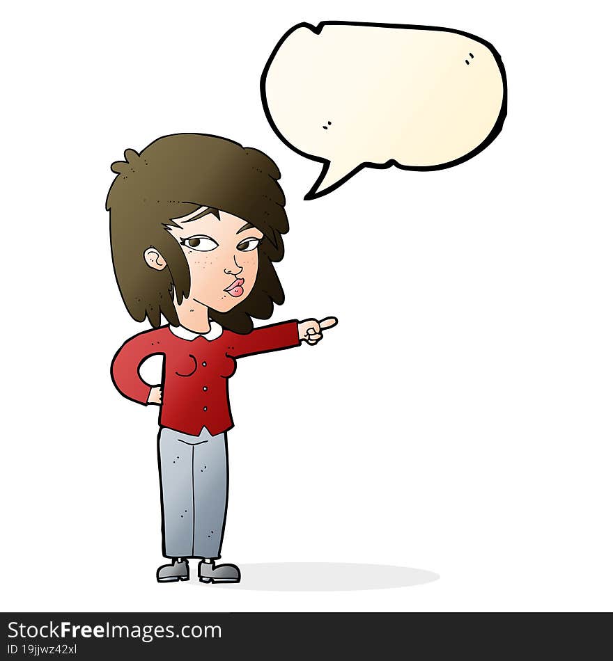 cartoon woman pointing with speech bubble