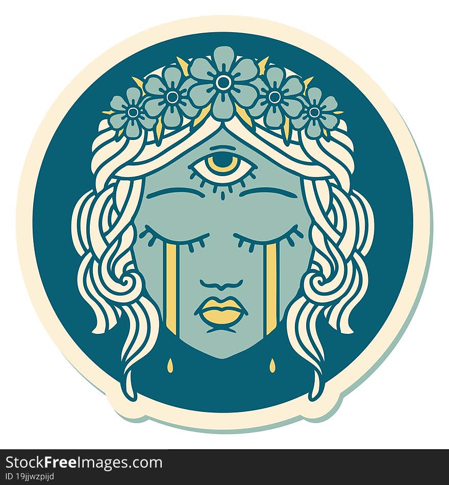 sticker of tattoo in traditional style of female face with mystic third eye crying. sticker of tattoo in traditional style of female face with mystic third eye crying