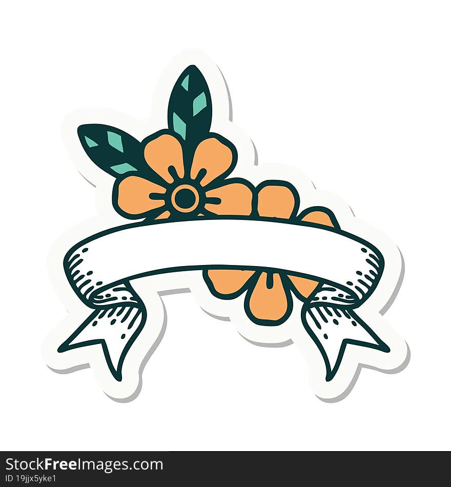 tattoo style sticker with banner of flowers