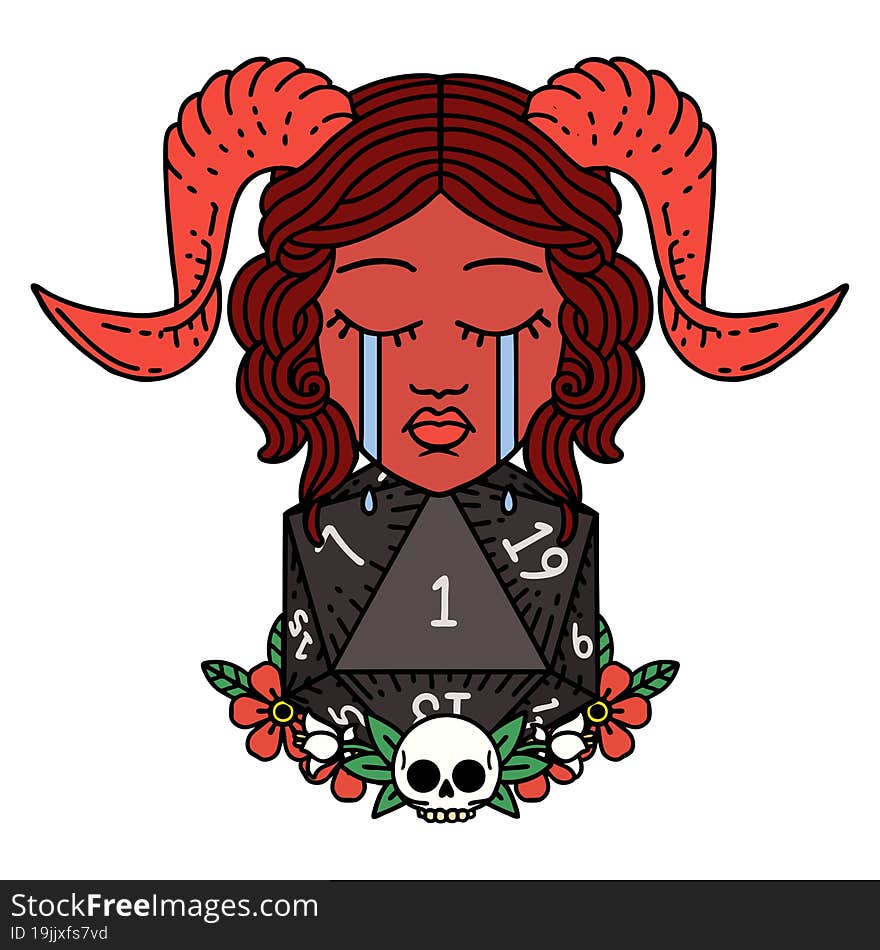 Crying Tiefling Character With Natural One D20 Dice Roll Illustration