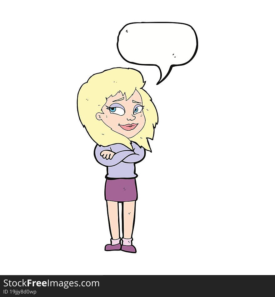 cartoon woman with crossed arms with speech bubble