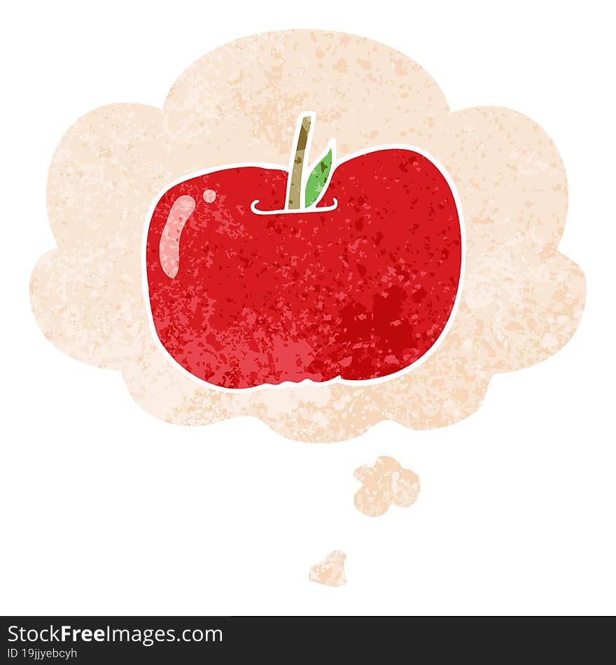 cartoon apple and thought bubble in retro textured style