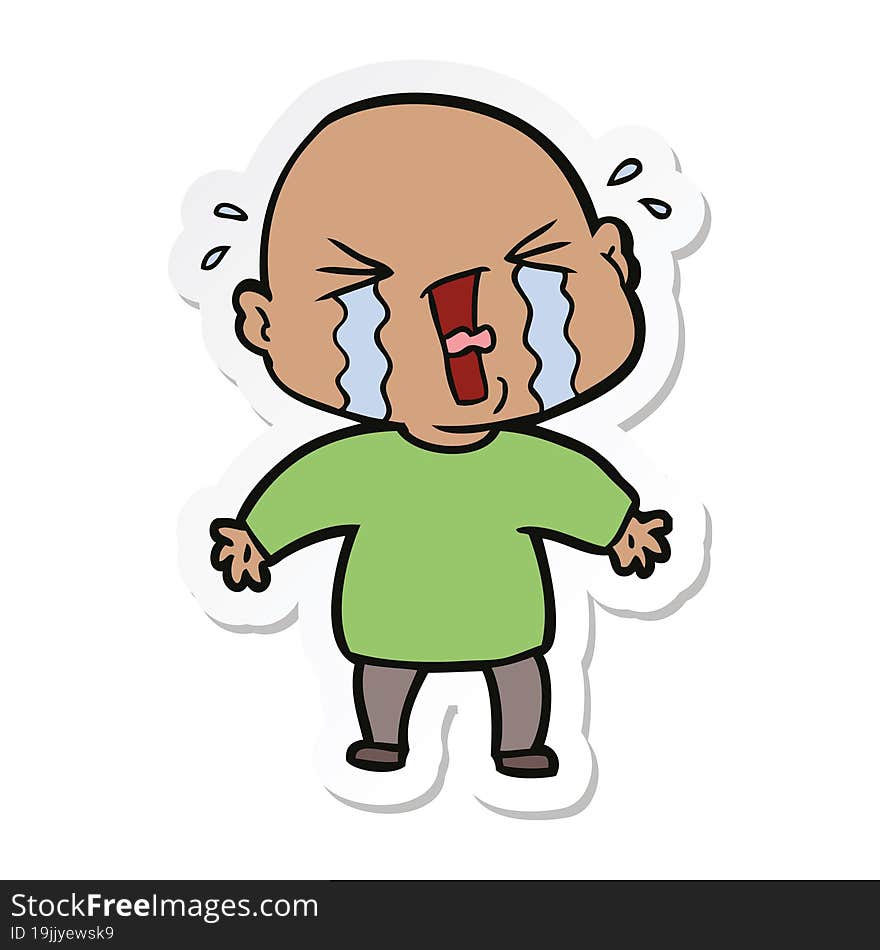 Sticker Of A Cartoon Crying Bald Man