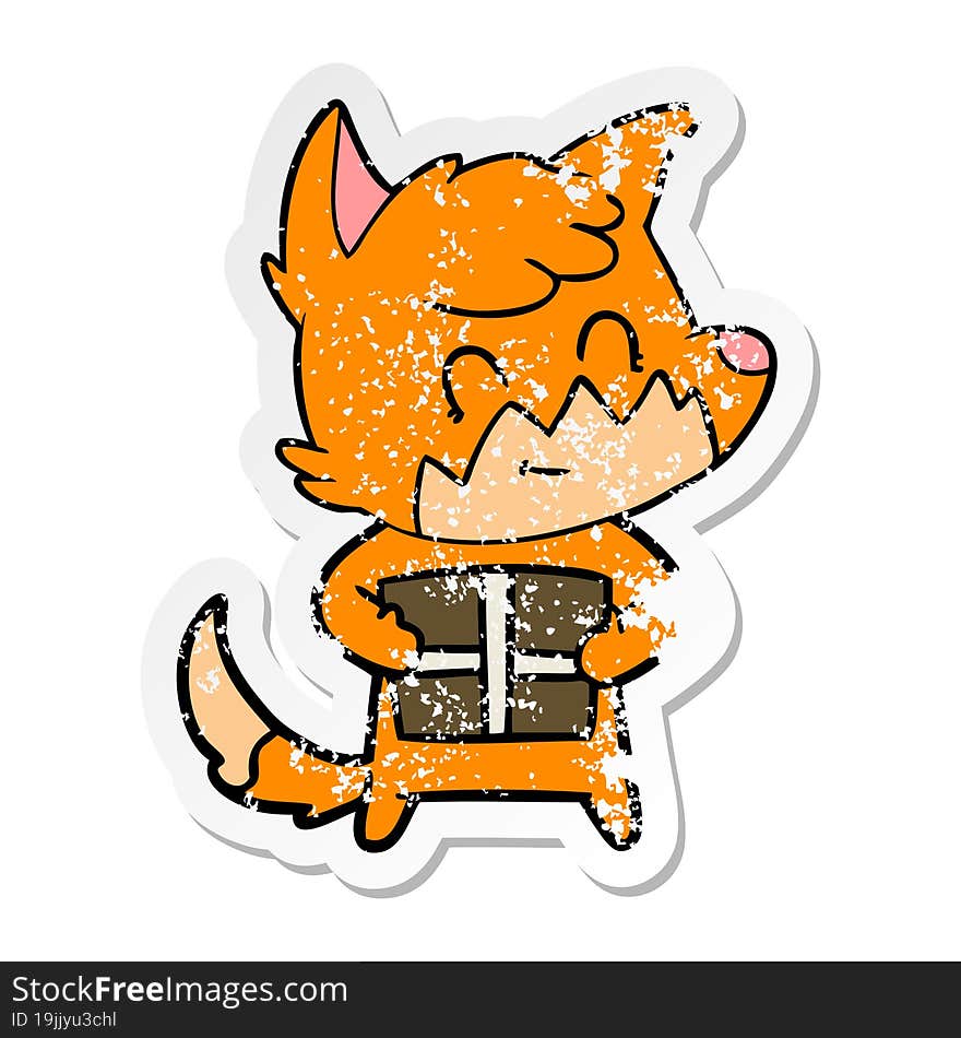 distressed sticker of a cartoon friendly fox with gift