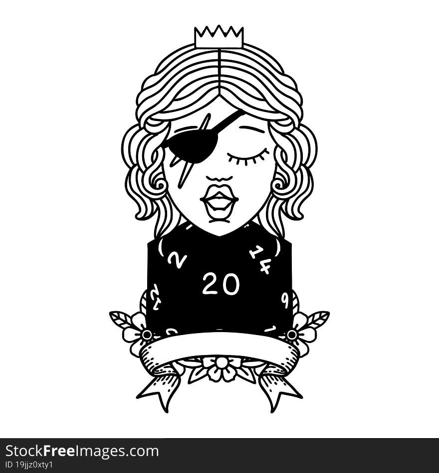 Black and White Tattoo linework Style human rogue with natural 20 dice roll. Black and White Tattoo linework Style human rogue with natural 20 dice roll