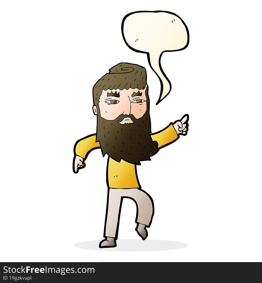 cartoon bearded man pointing the way with speech bubble