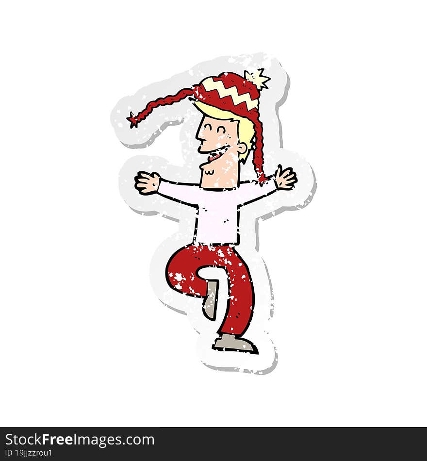 retro distressed sticker of a cartoon man wearing winter hat