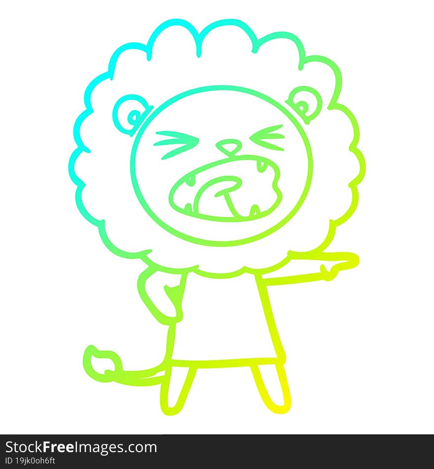 cold gradient line drawing of a cartoon angry lion in dress