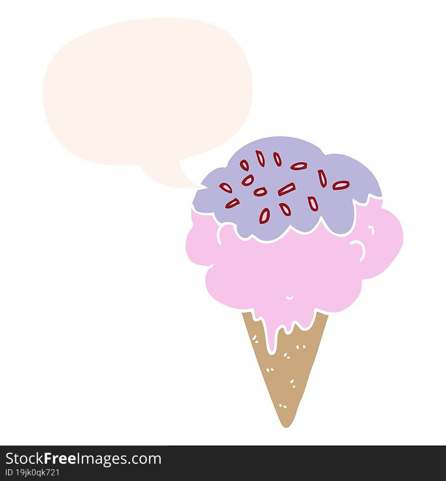 cartoon ice cream with speech bubble in retro style