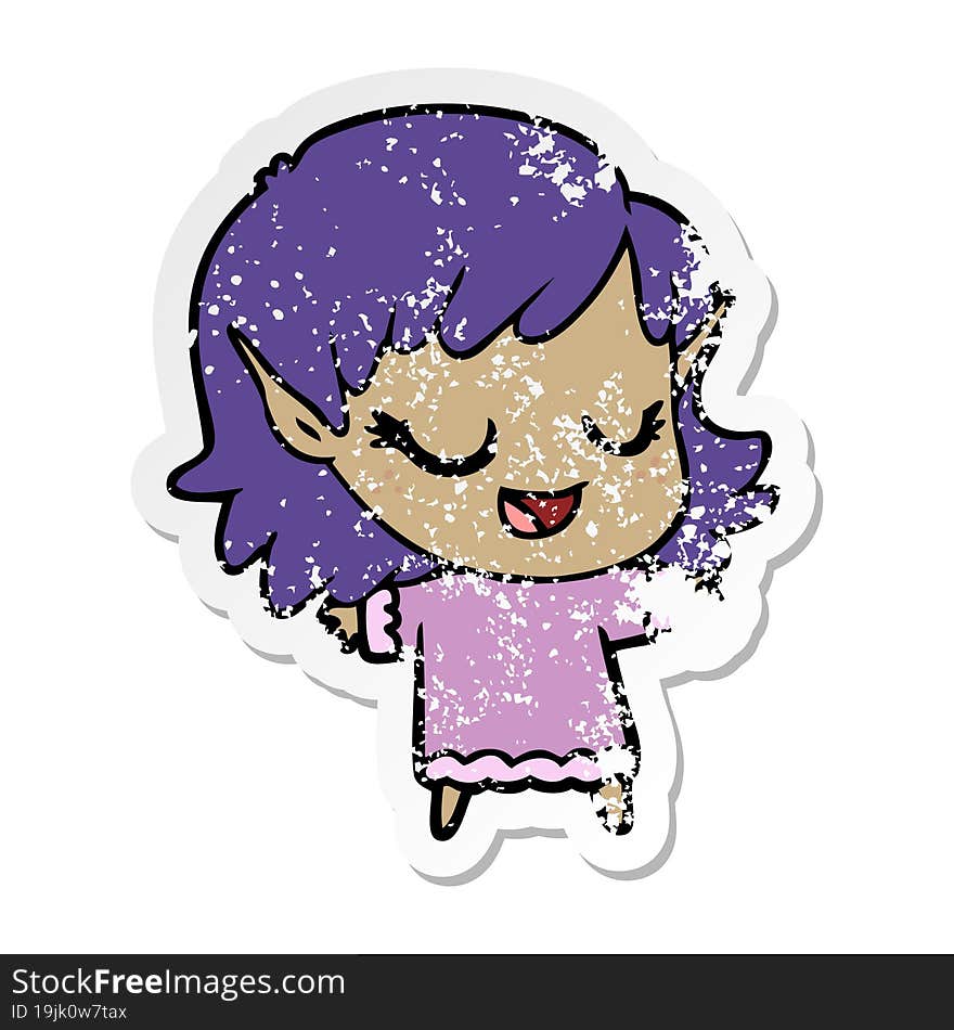 distressed sticker of a happy cartoon elf girl