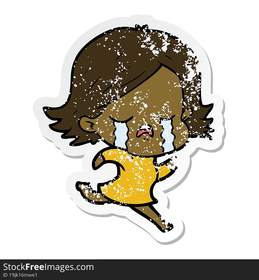 distressed sticker of a cartoon girl crying whilst running