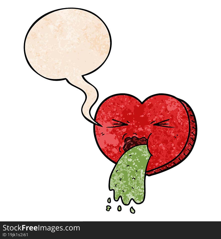 cartoon love sick heart with speech bubble in retro texture style