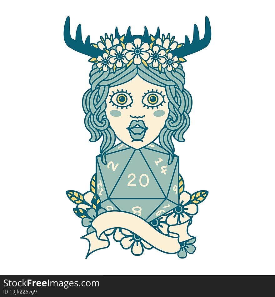 human druid with natural twenty dice roll illustration