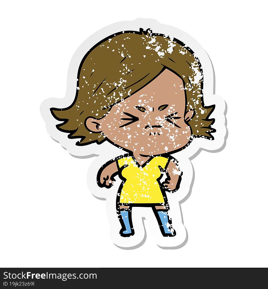 Distressed Sticker Of A Cartoon Angry Woman