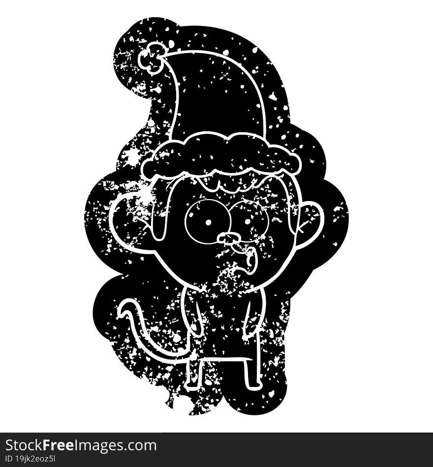 cartoon distressed icon of a hooting monkey wearing santa hat