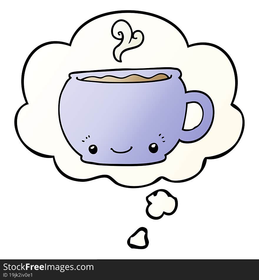 cartoon hot cup of coffee with thought bubble in smooth gradient style