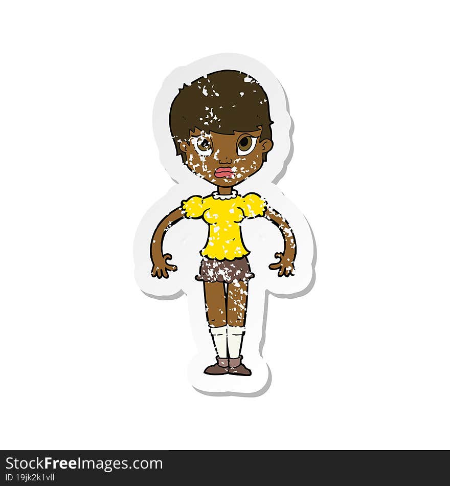 retro distressed sticker of a cartoon woman looking annoyed