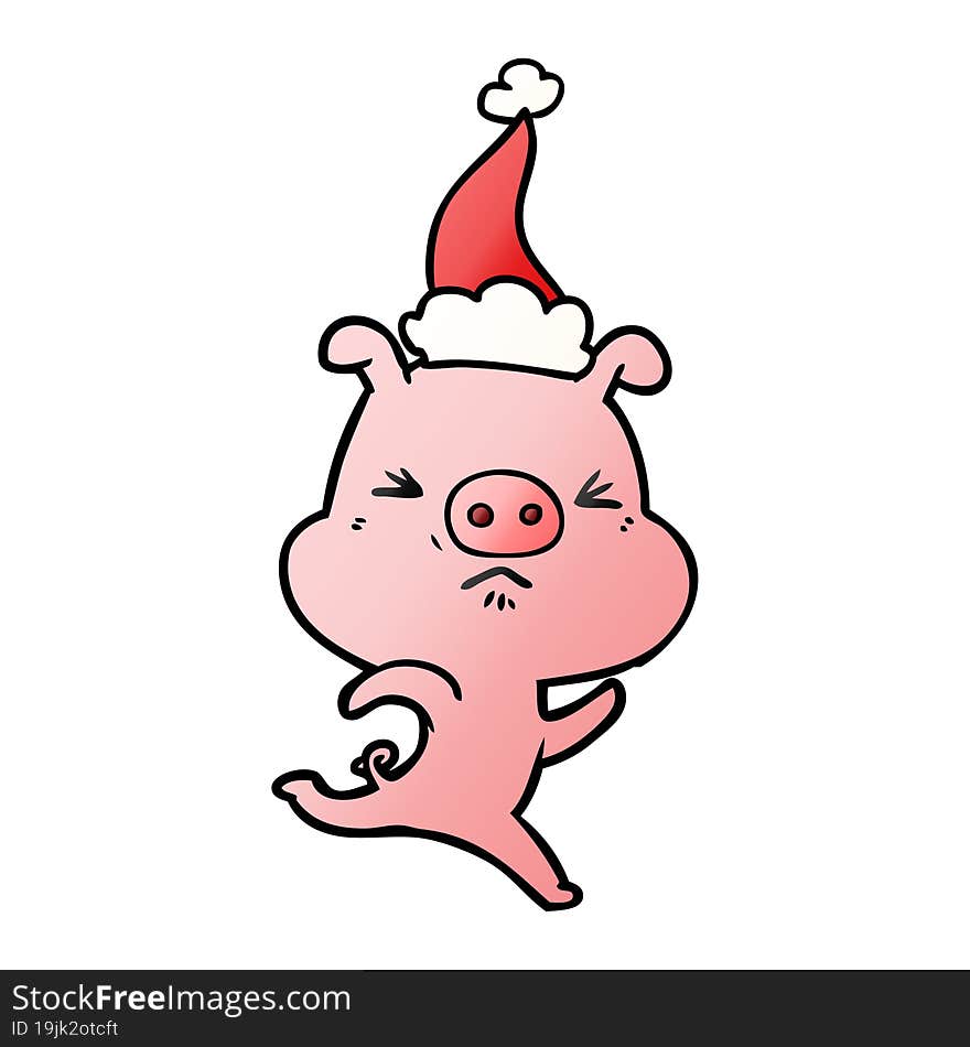 gradient cartoon of a annoyed pig running wearing santa hat