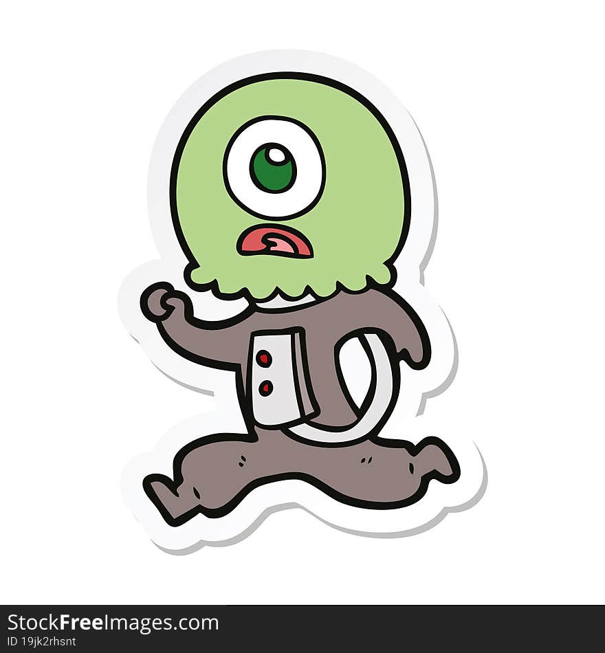 sticker of a cartoon cyclops alien spaceman running