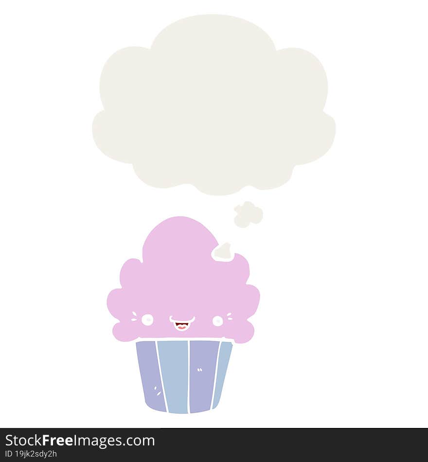 cartoon cupcake with face with thought bubble in retro style