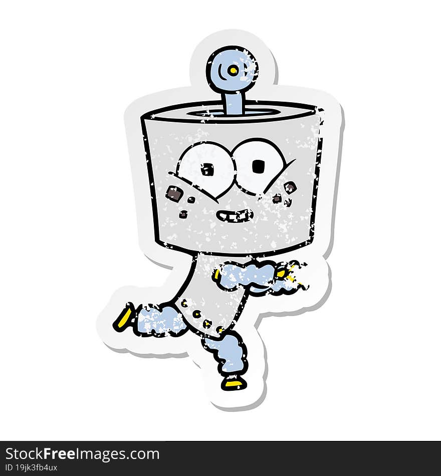 distressed sticker of a happy cartoon robot