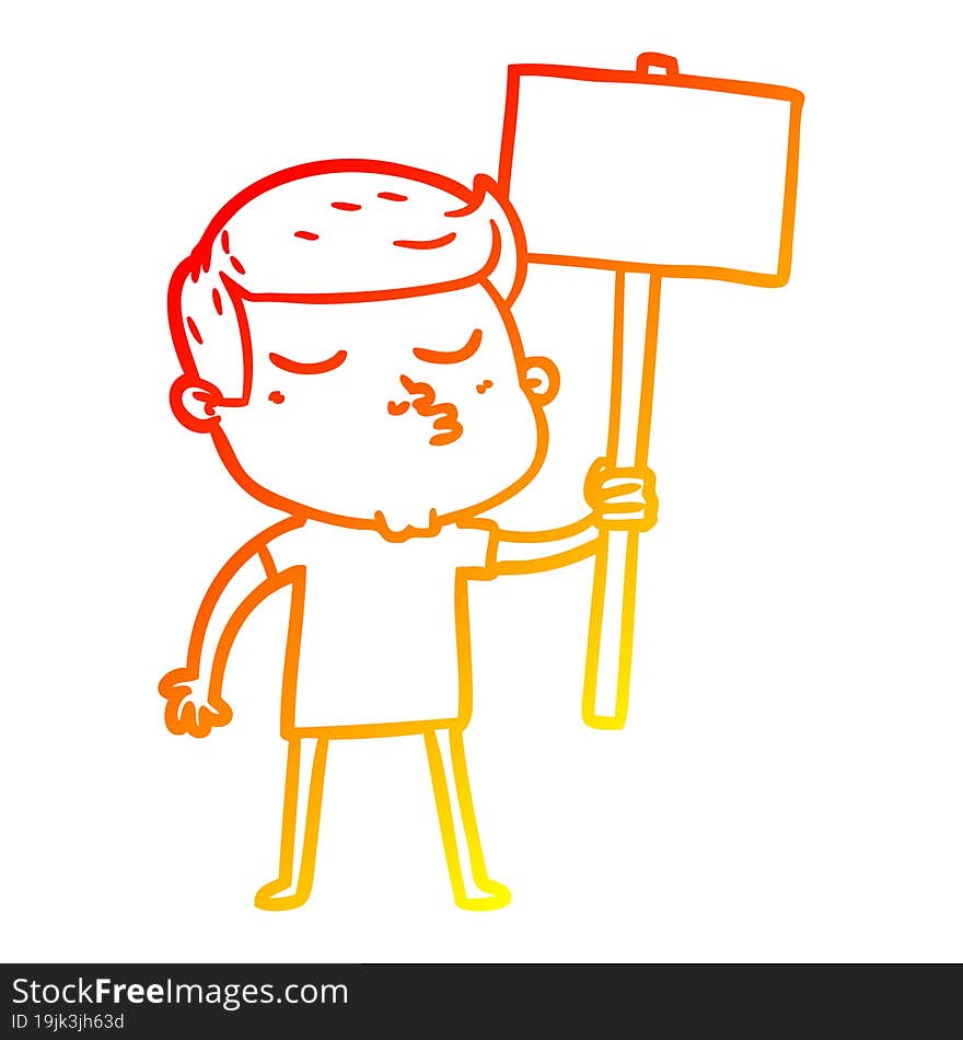 warm gradient line drawing of a cartoon model guy pouting with sign