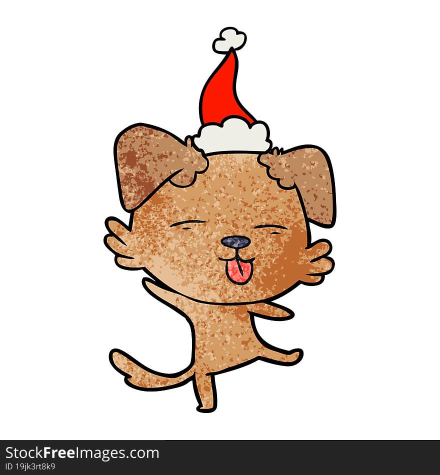 hand drawn textured cartoon of a dancing dog wearing santa hat