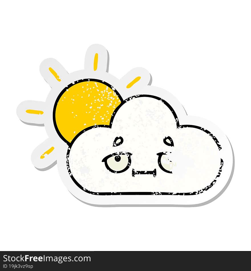 distressed sticker of a cute cartoon sunshine and cloud