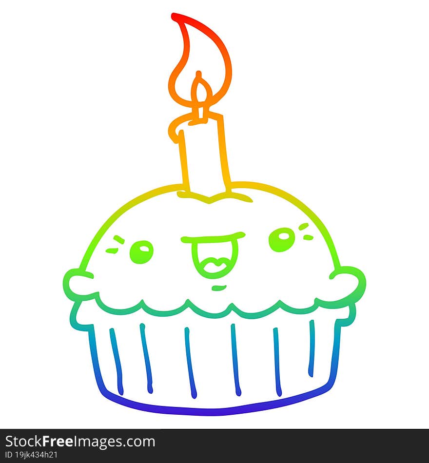 rainbow gradient line drawing cartoon cupcake with candle