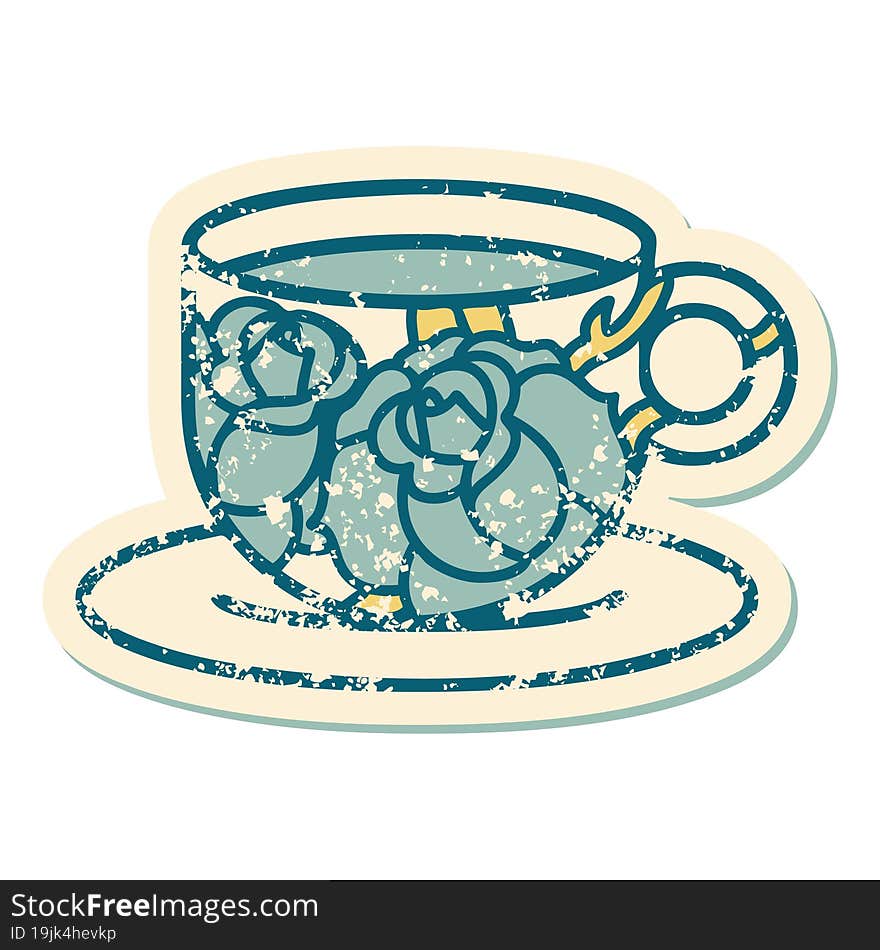 distressed sticker tattoo style icon of a cup and flowers