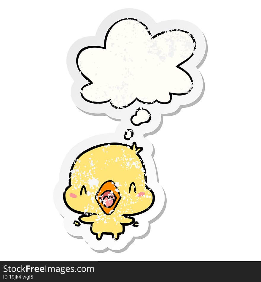 cartoon happy bird with thought bubble as a distressed worn sticker