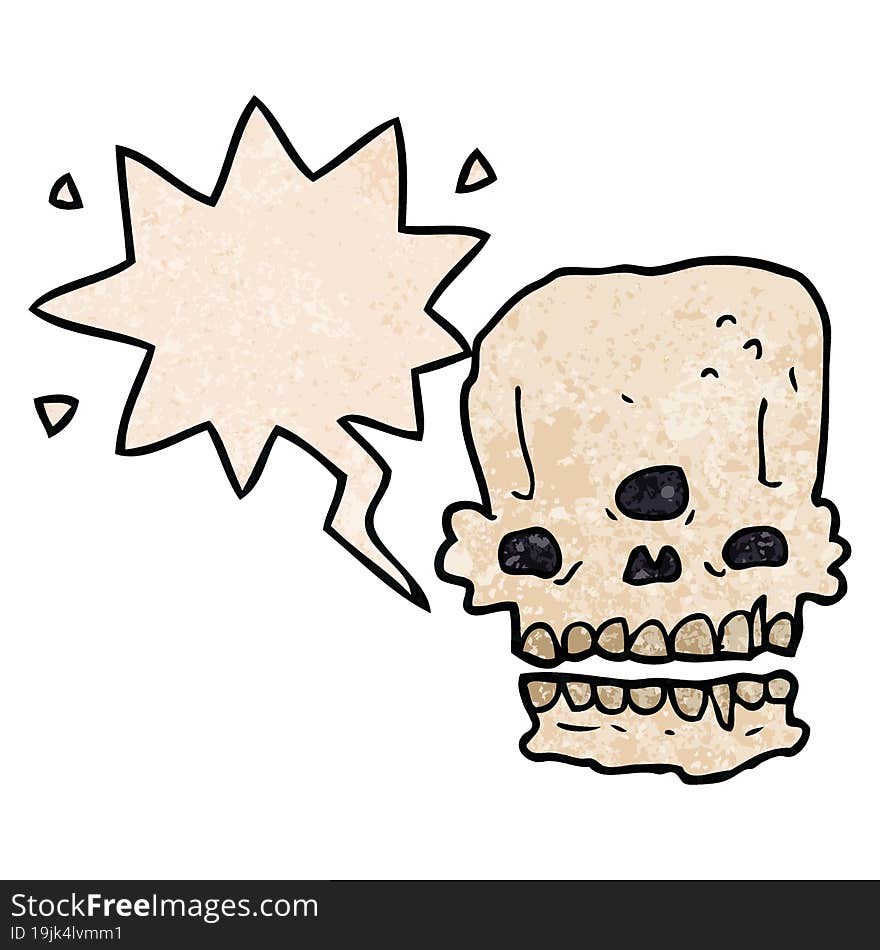 cartoon spooky skull and speech bubble in retro texture style