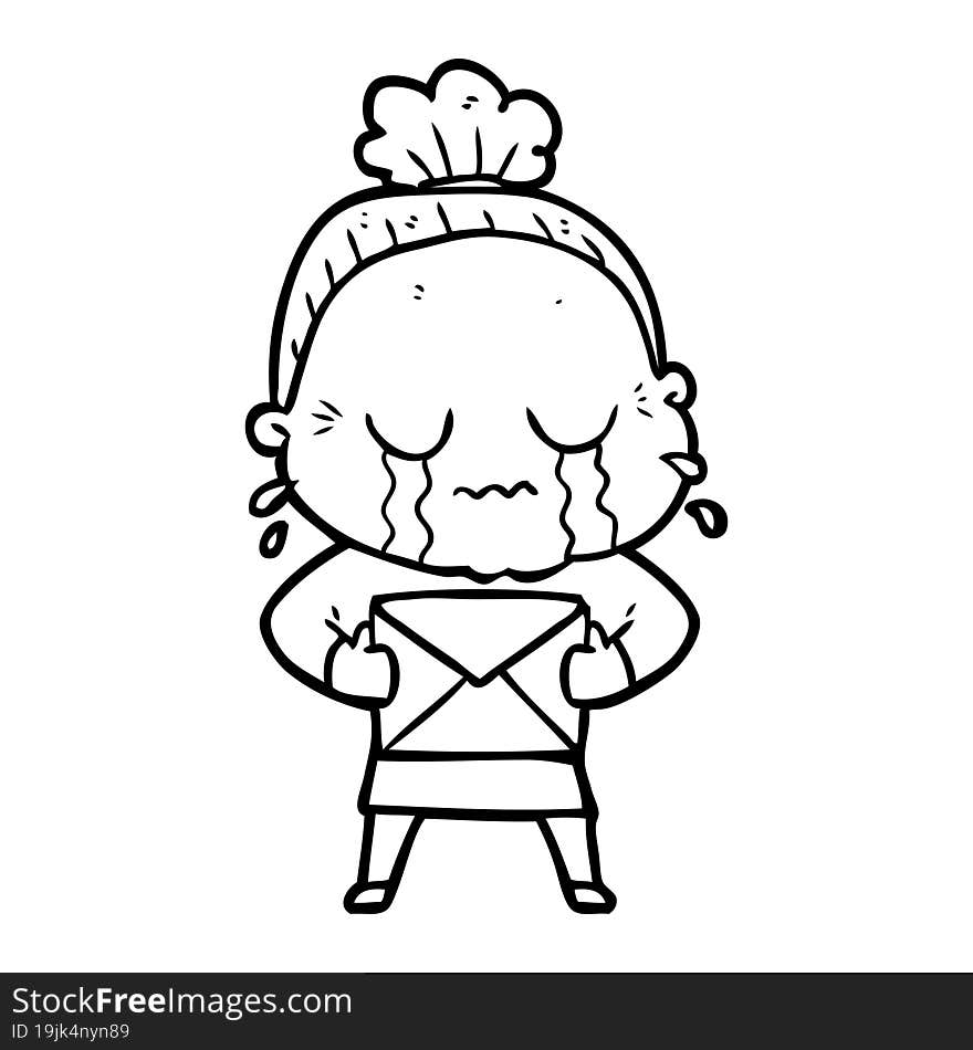 cartoon old woman crying with letter. cartoon old woman crying with letter