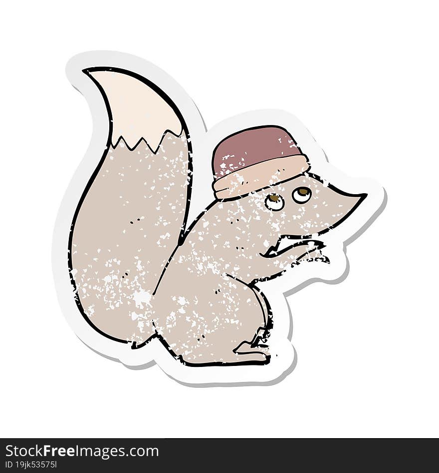 retro distressed sticker of a cartoon squirrel wearing hat