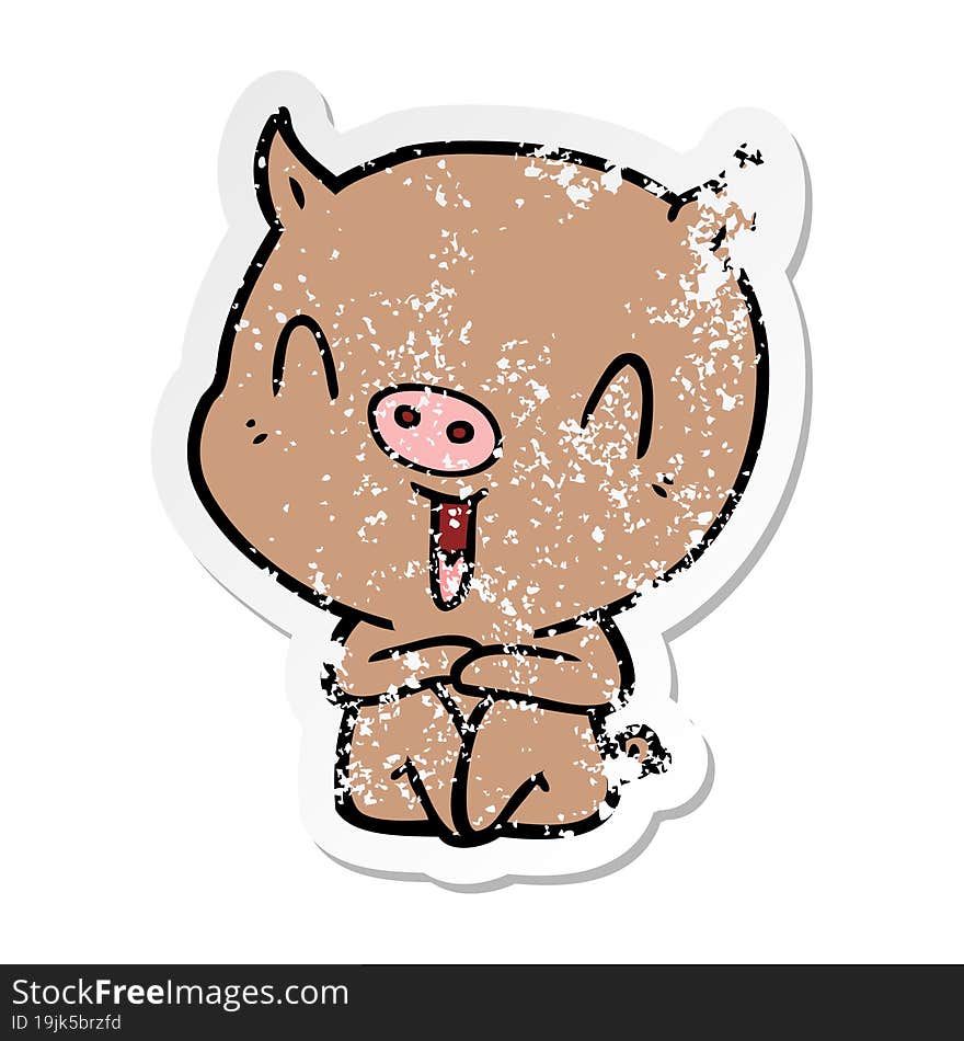 Distressed Sticker Of A Happy Cartoon Sitting Pig