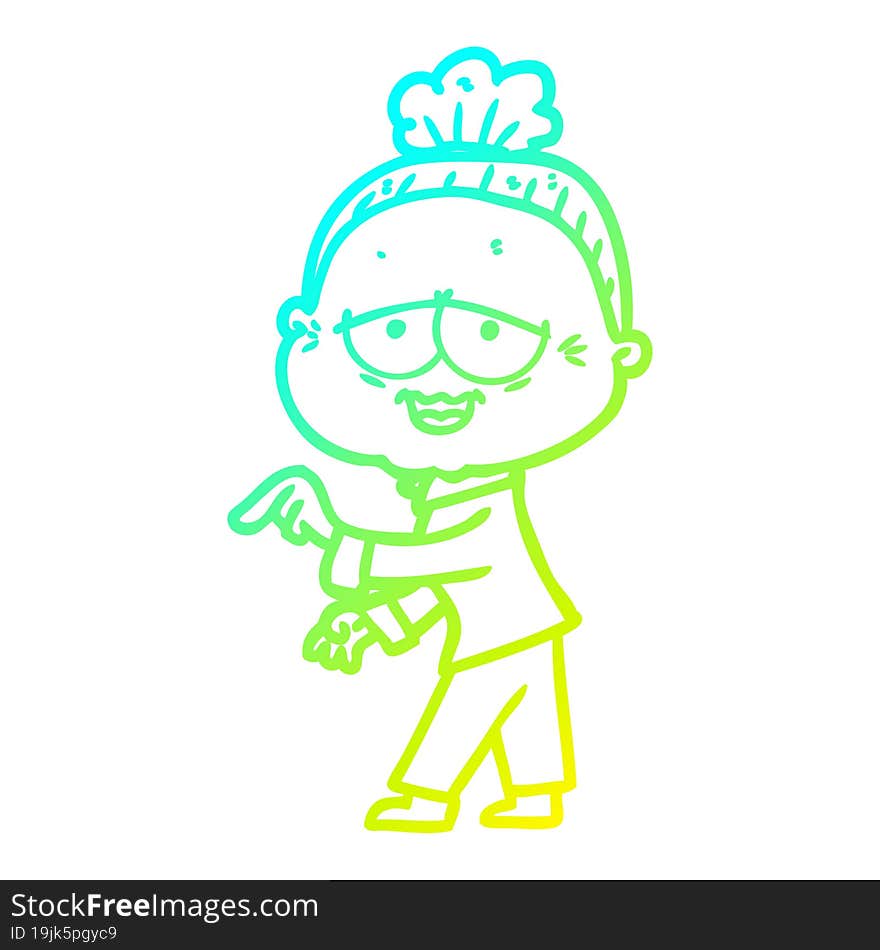 cold gradient line drawing cartoon happy old lady