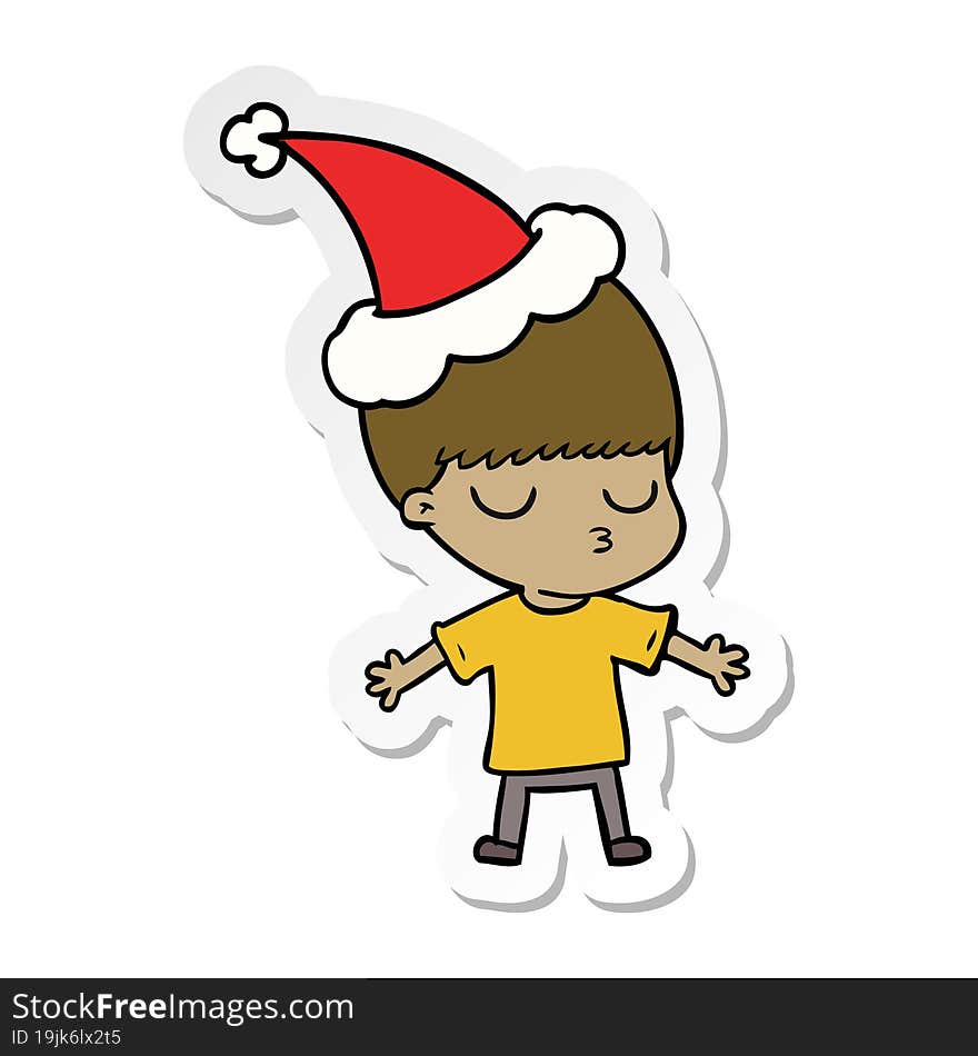 sticker cartoon of a calm boy wearing santa hat