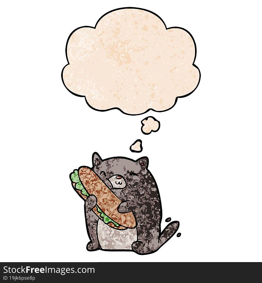 cartoon cat with sandwich with thought bubble in grunge texture style. cartoon cat with sandwich with thought bubble in grunge texture style