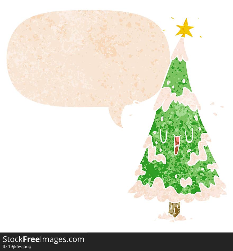 cartoon christmas tree and speech bubble in retro textured style