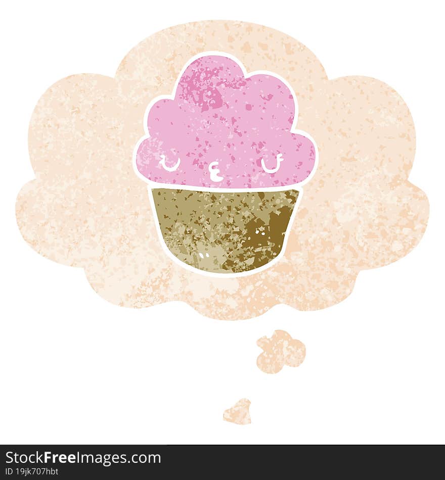 cartoon cupcake with face and thought bubble in retro textured style