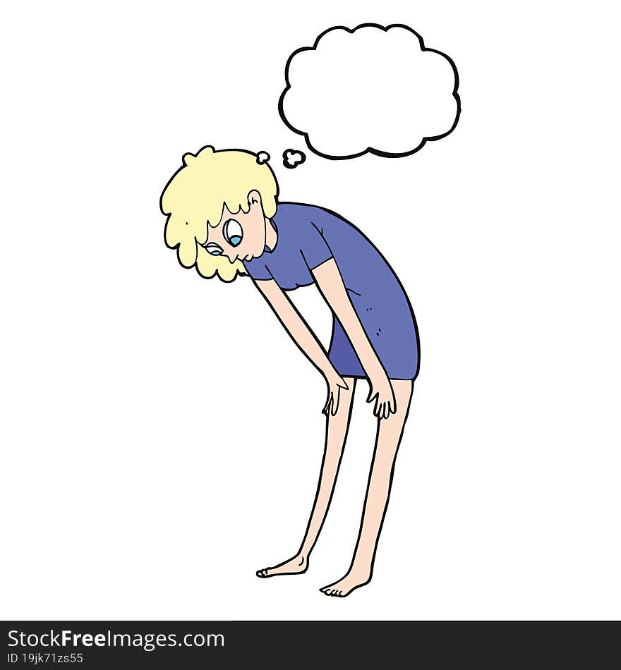 Cartoon Woman Looking At Her Feet With Thought Bubble