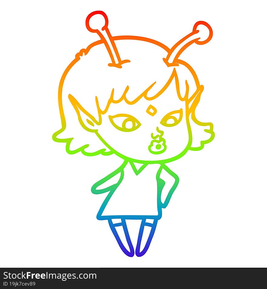 Rainbow Gradient Line Drawing Pretty Cartoon Alien Girl