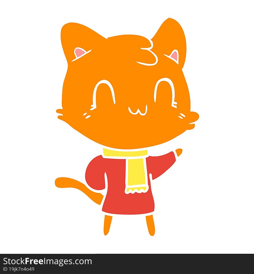 flat color style cartoon happy cat wearing scarf