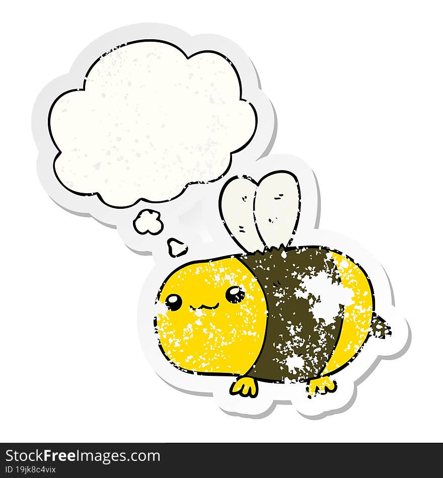 cartoon bee with thought bubble as a distressed worn sticker