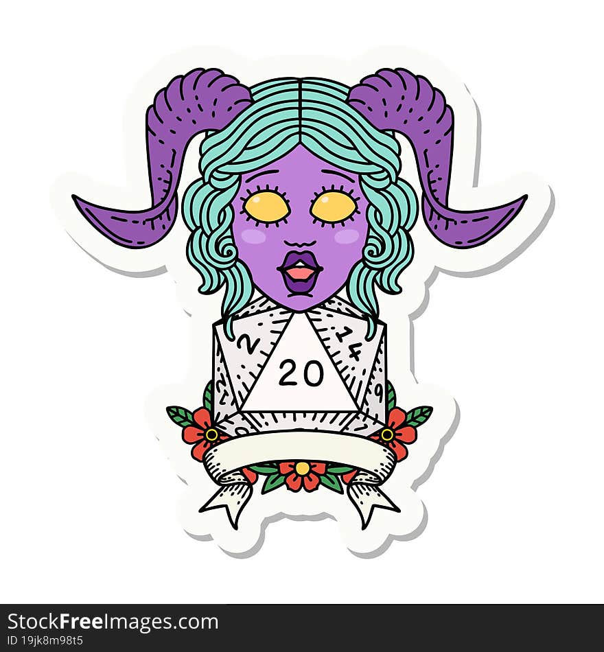 sticker of a tiefling with natural 20 D20 roll. sticker of a tiefling with natural 20 D20 roll