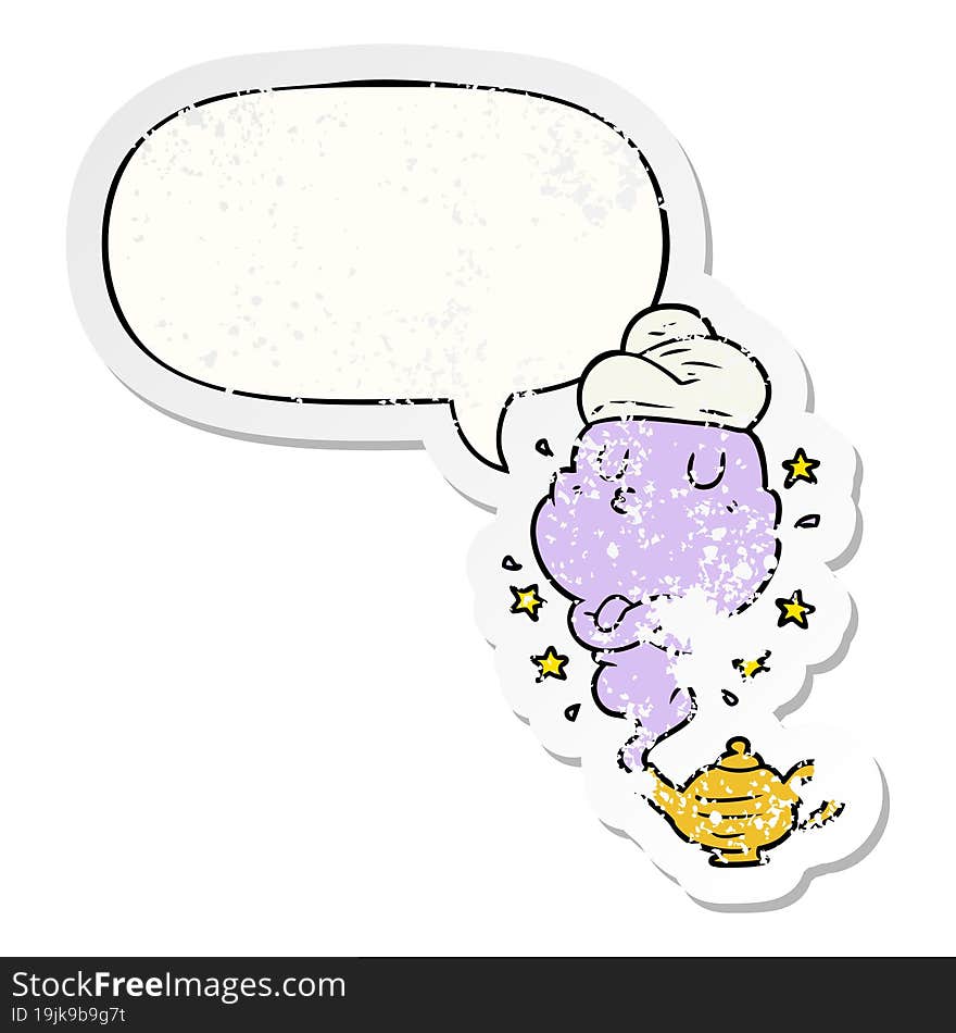 cute cartoon genie rising out of lamp with speech bubble distressed distressed old sticker. cute cartoon genie rising out of lamp with speech bubble distressed distressed old sticker