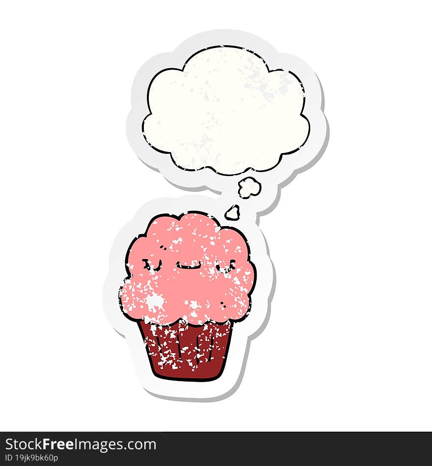 cartoon muffin with thought bubble as a distressed worn sticker