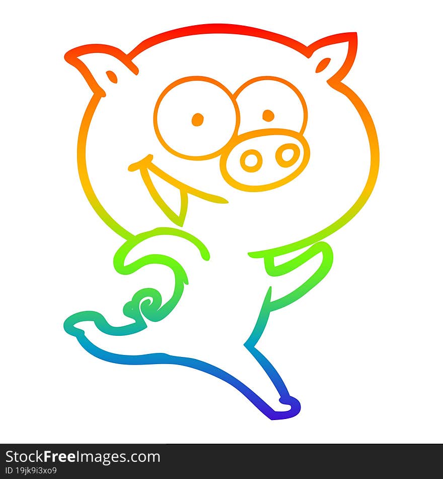 Rainbow Gradient Line Drawing Cheerful Running Pig Cartoon