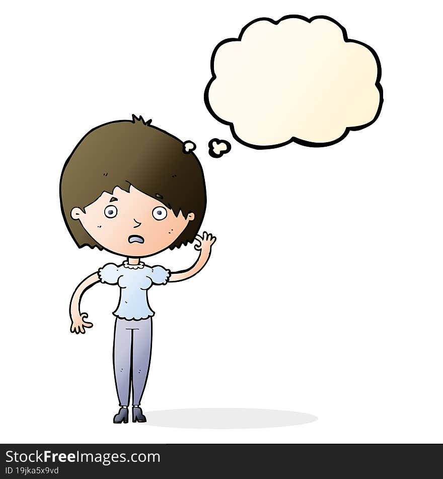 cartoon waving woman with thought bubble